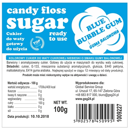 Kolorowy cukier do waty cukrowej niebieski o smaku gumy balonowej - saszetka 100g
