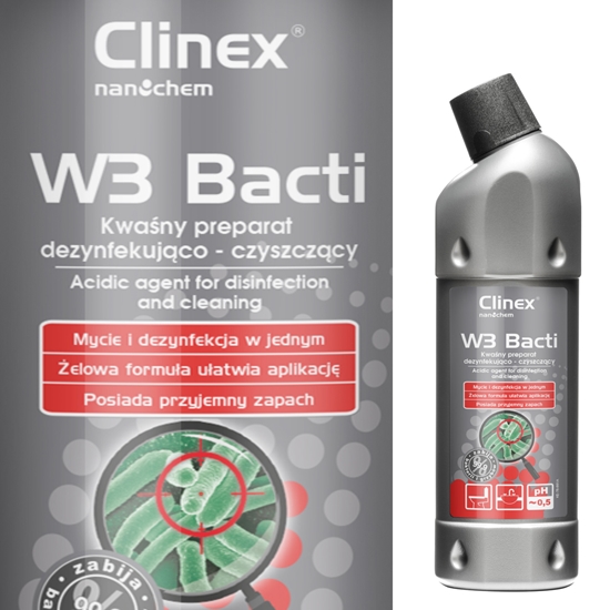 Płyn bakteriobójczy do dezynfekcji i odgrzybiania łazieniek i urządzeń sanitarnych CLINEX W3 Bacti 1L