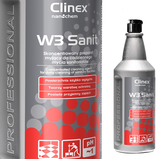Płyn koncentrat do mycia glazury podłóg ścian w sanitariatach łazienkach CLINEX W3 Sanit 1L