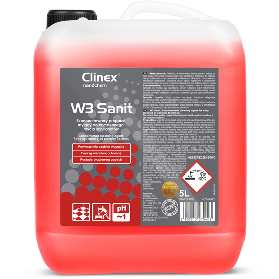Płyn koncentrat do mycia glazury podłóg ścian w sanitariatach łazienkach CLINEX W3 Sanit 5L